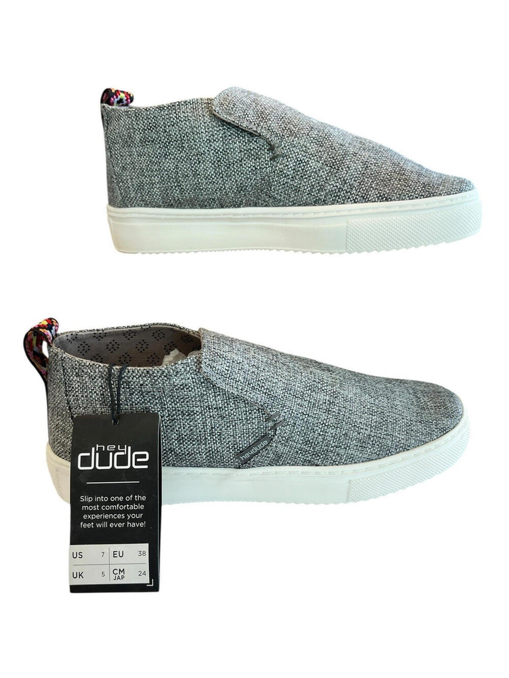 HEY DUDE Linen Slip On Womens Grey and Black NEW Tags and Box Sz 7 2493.22